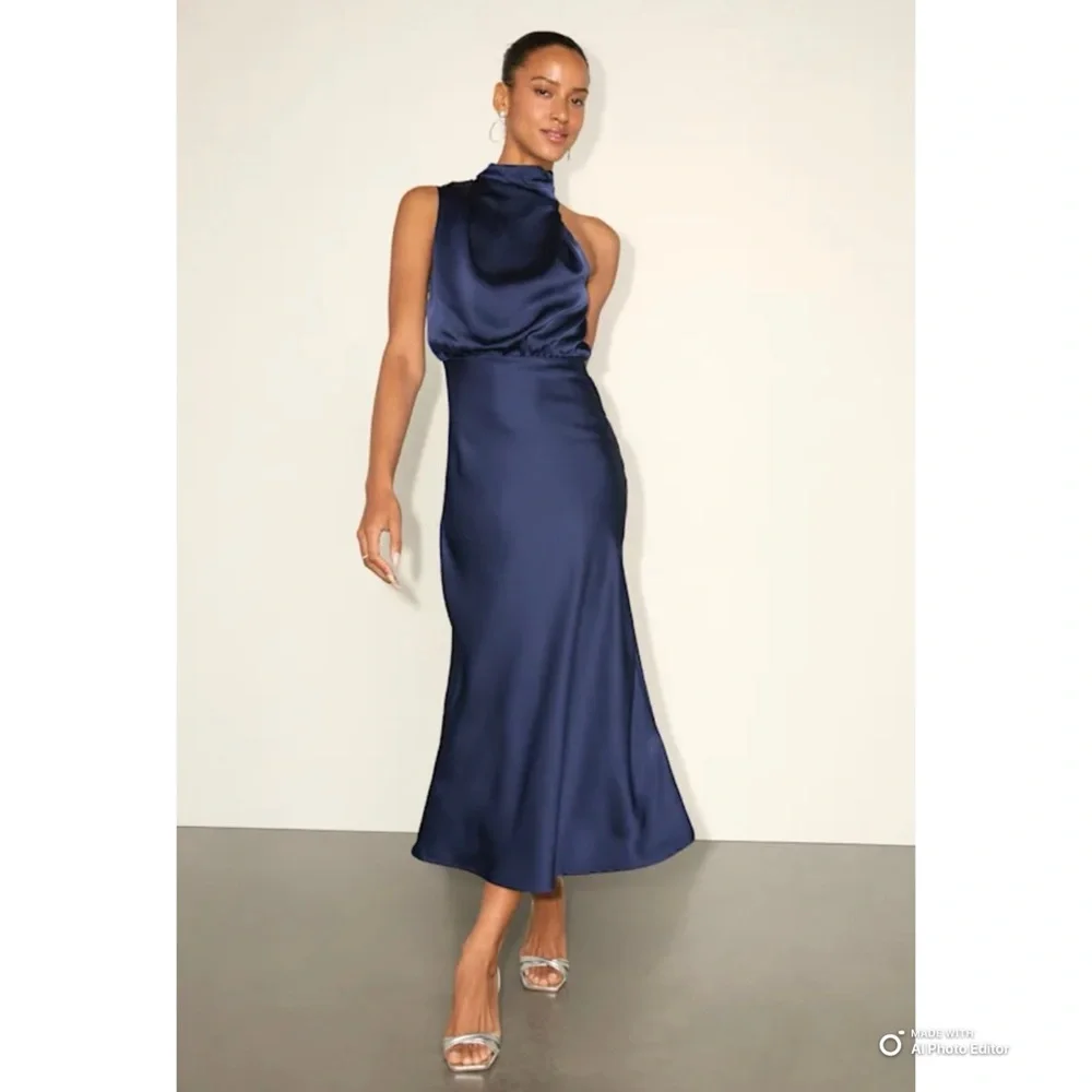 Lulus Medium Distinctive Charm Navy Blue Satin Asymmetrical Midi Dress NWT - Picture 1 of 17